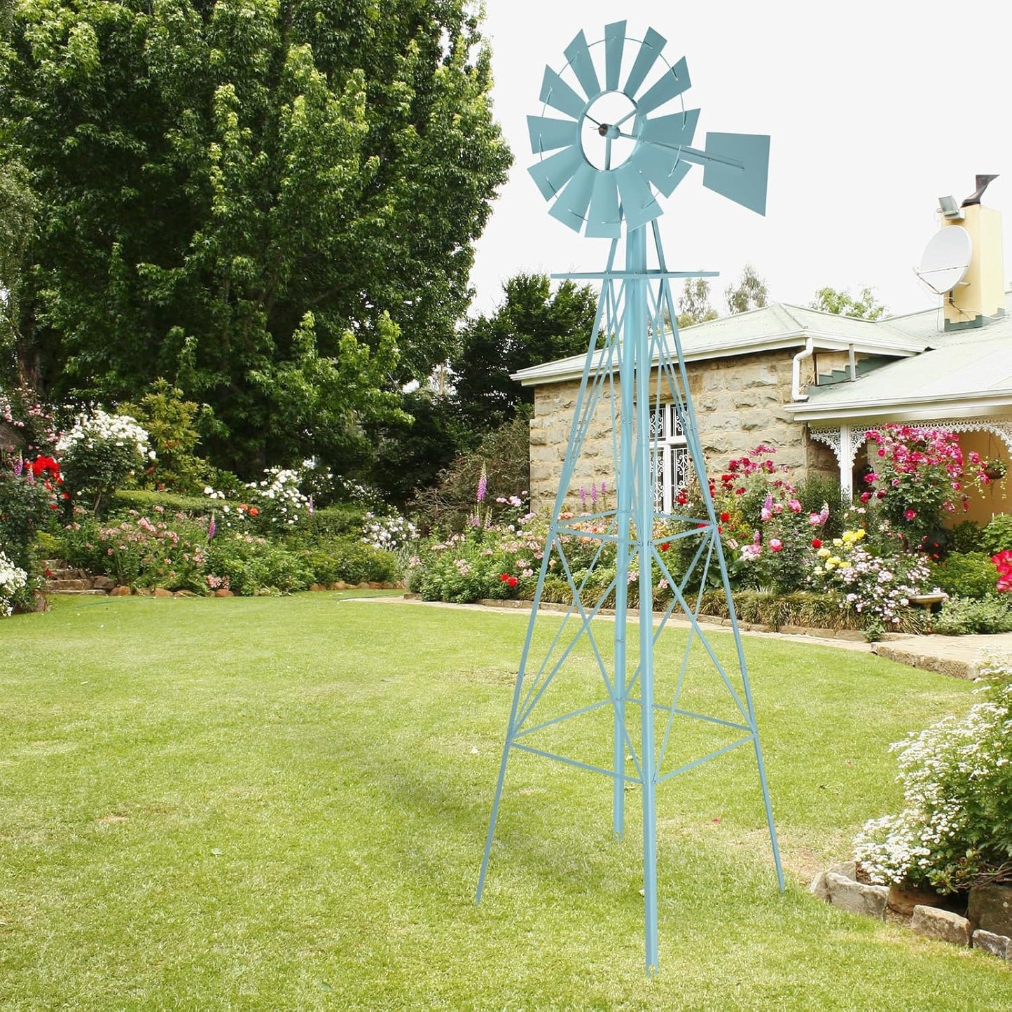 8FT Garden Windmill, Heavy Duty Metal Weather Vane, Yard Ornamental Wind Spinner, Wind Mill Decoration for Backyard Weather Resistant (Light Blue, 8ft)