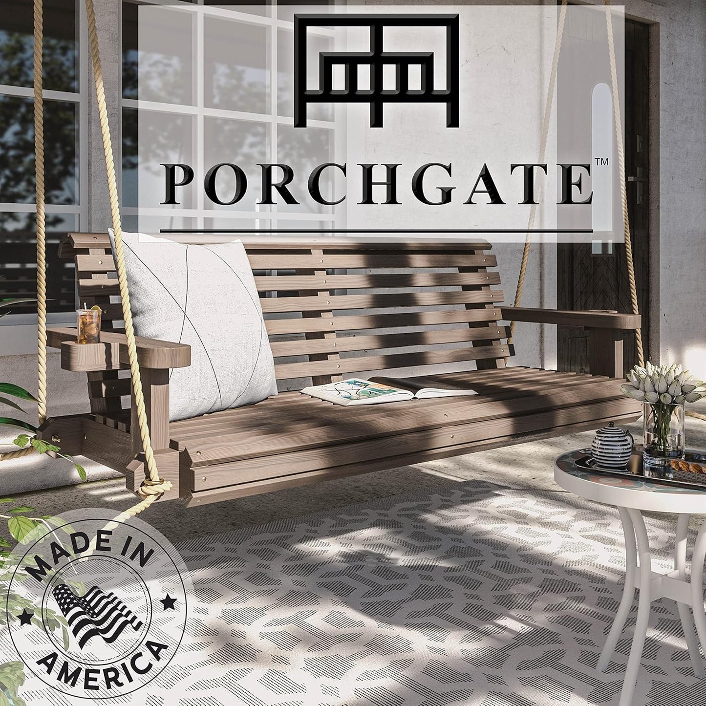 Porchgate Amish Heavy Duty 800 Lb Roll Comfort Treated Porch Swing W/Ropes (5 Foot, Warm Walnut Stain)