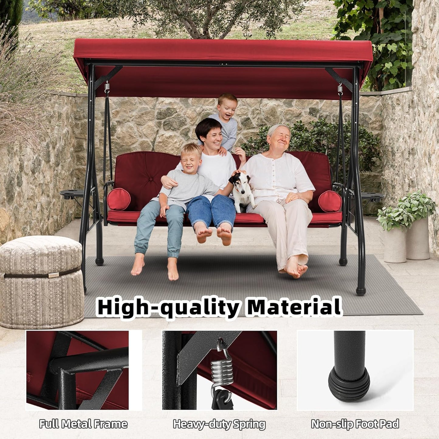 HOMREST 3 Seat Outdoor Porch Swing with Adjustable Canopy, Convertible Patio Swing Bed with Stand, Patio Glider Swing with Upgraded Cup Holder, Thicken Cushions ＆ Pillow for Backyard (Wine Red)