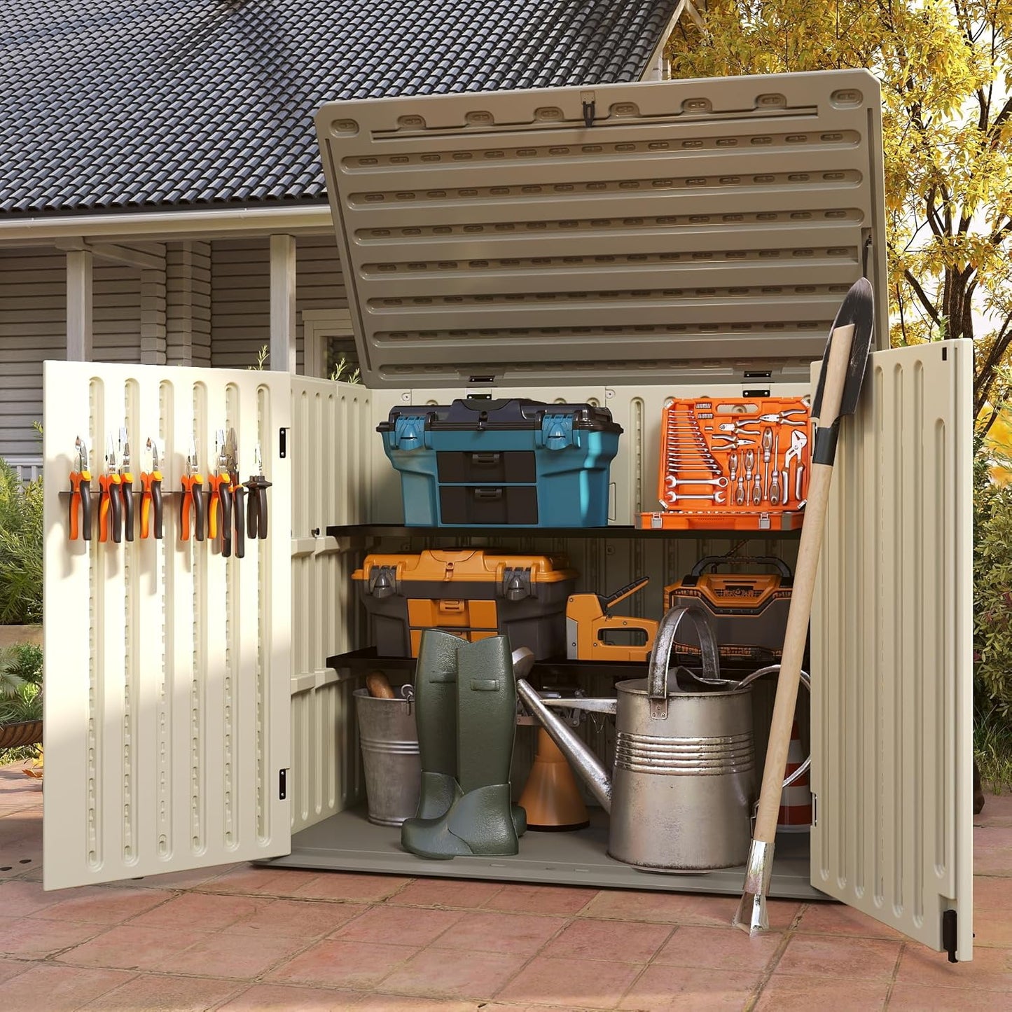 Vertical Resin Storage Shed with 2 Shelves, 47 Cuft Garden Tool Sheds & Outdoor Storage, Plastic Outdoor Storage Cabinet Waterproof, 4.5x2.8 ft Backyard Outside Lawn Mower Storage Shed, Vanilla