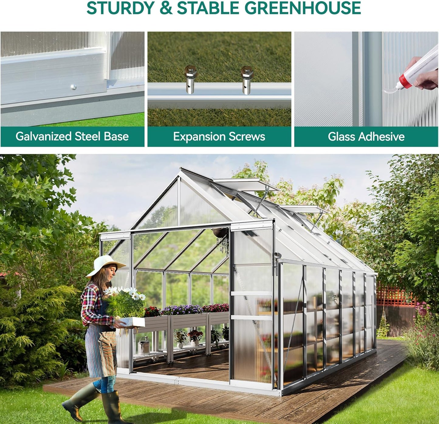 YITAHOME 8x12FT Polycarbonate Greenhouse Large Heavy Duty Green Houses Outdoor Aluminum Greenhouses with Sliding Doors Vent Window Premium Walk-in Greenhouse for Garden Backyard, Sliver