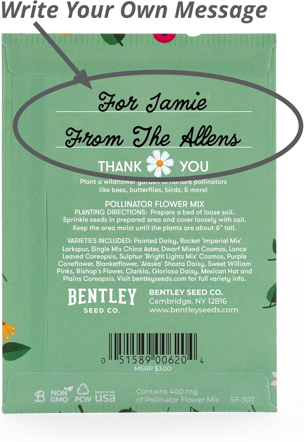 Bentley Seed Co. Thank You Packet - Pollinator Flower Mix - 25 Seed Packets - Perfect Eco-Friendly Thank You Gift - Non GMO Seeds, Green