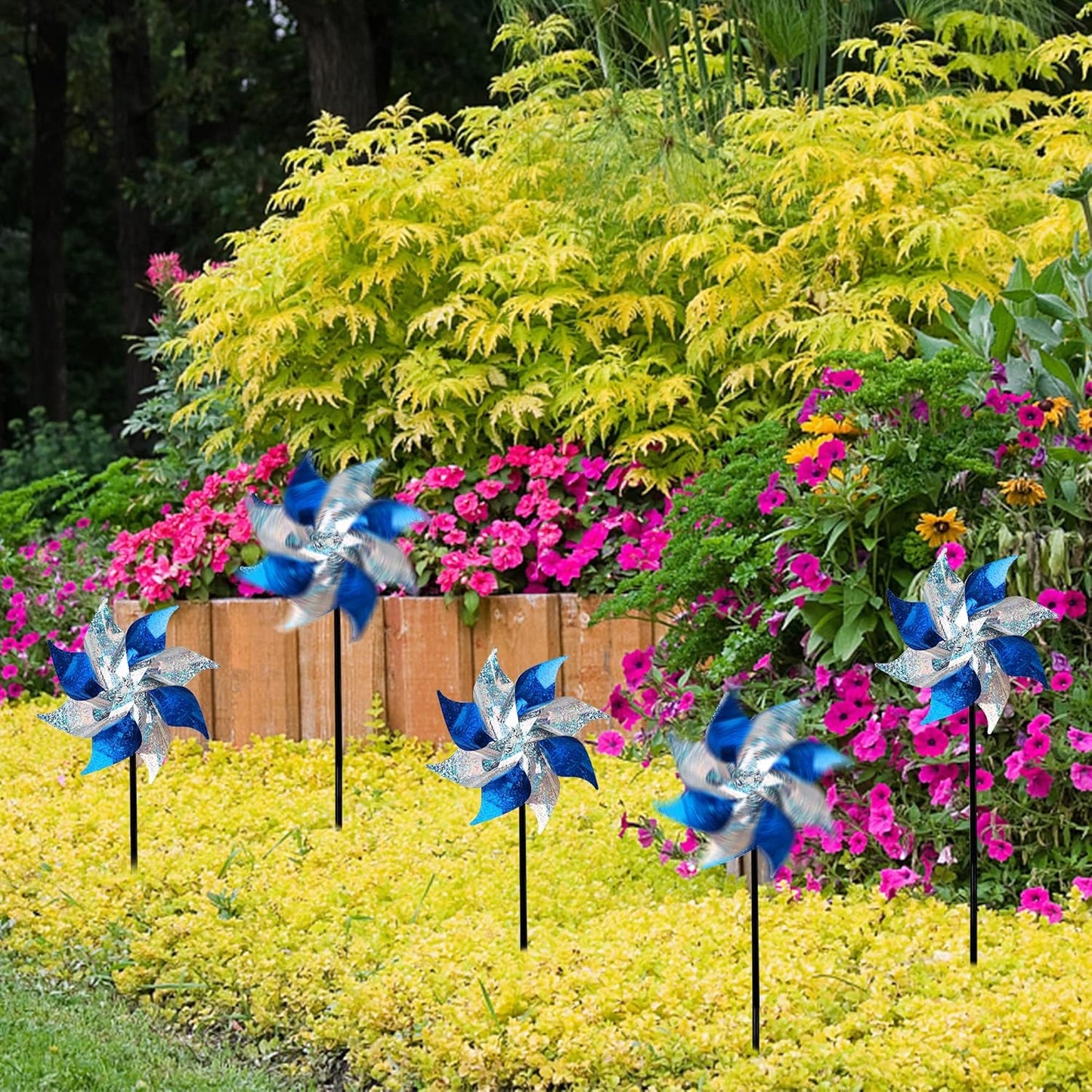 Hausse 10 Pack Reflective Pinwheels, Extra Sparkly Pinwheel, Bird Repellent Devices Deterrent to Scare Birds Away from Yard Patio Farm, Blue & Silver