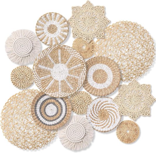 15 Pcs Boho Wall Basket Decor Woven Rattan Seagrass Wall Decor Hanging Rustic Farmhouse Western Art Decoration for Nursery Living Room Bedroom Home Kitchen(Grey White Style)