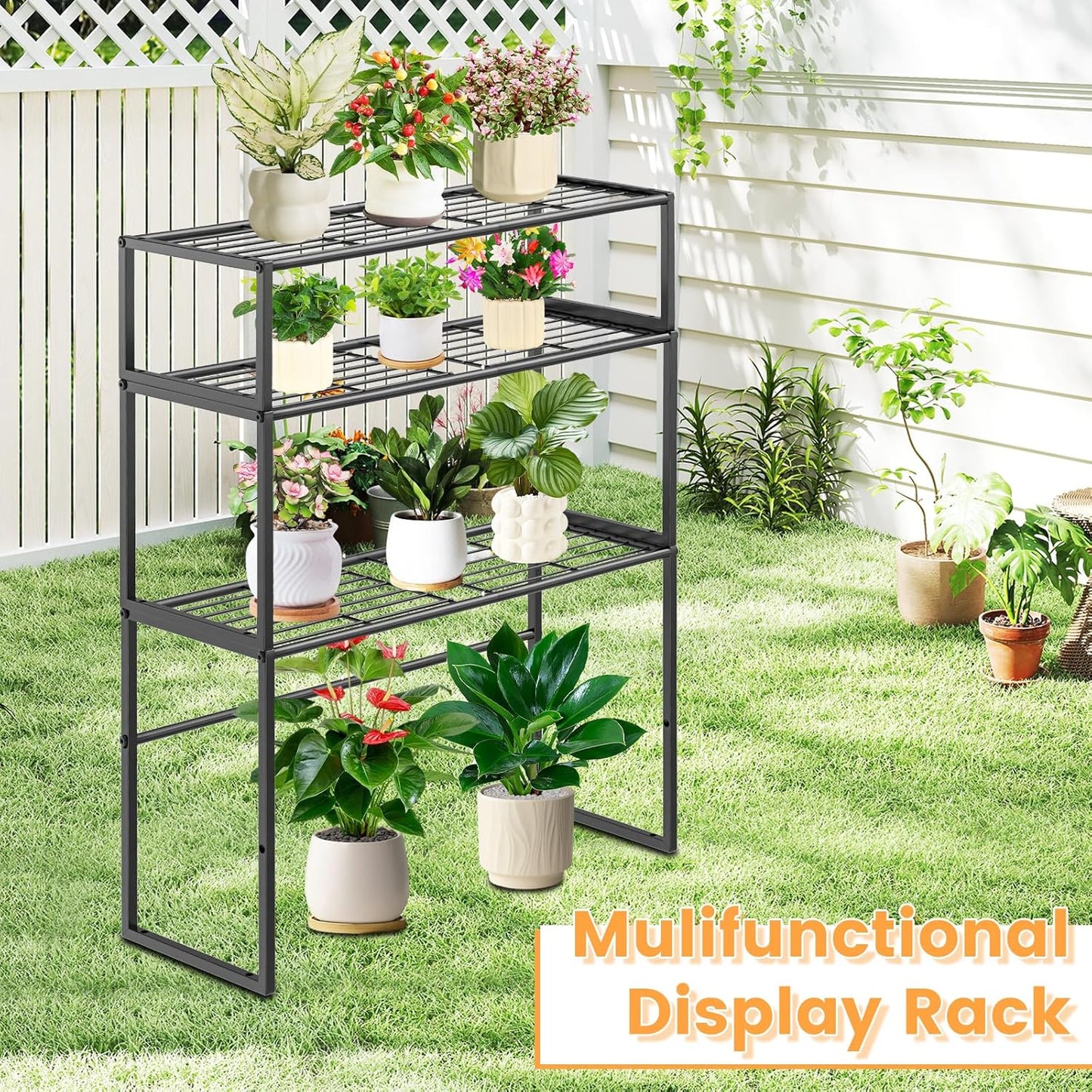 3 Tier Metal Plant Stand Indoor Outdoor, Potted Multiple Flower Pot Holder Rack Plant Shelf, Heavy Duty Planter Display Shelving for Patio Balcony Garden Living Room Decorative (3 Tier- Black)