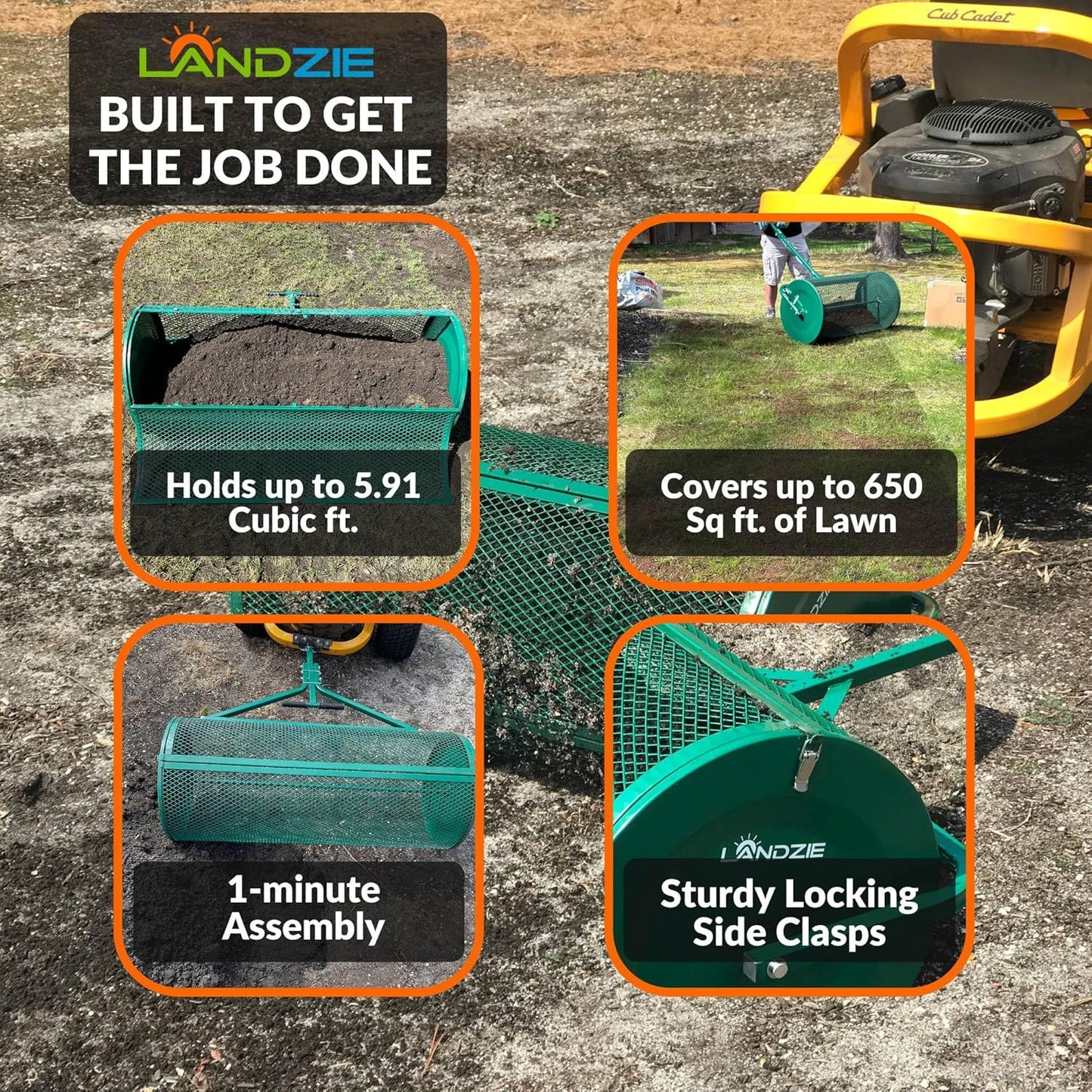 LANDZIE Lawn & Garden Spreaders - 36 Inch Heavy Duty Metal Mesh Basket Push/Tow Spreader - Compost, Peat Moss, Top Soil, Mulch - Durable Lightweight Multi-Purpose Yard Care Equipment - Manure Spreader