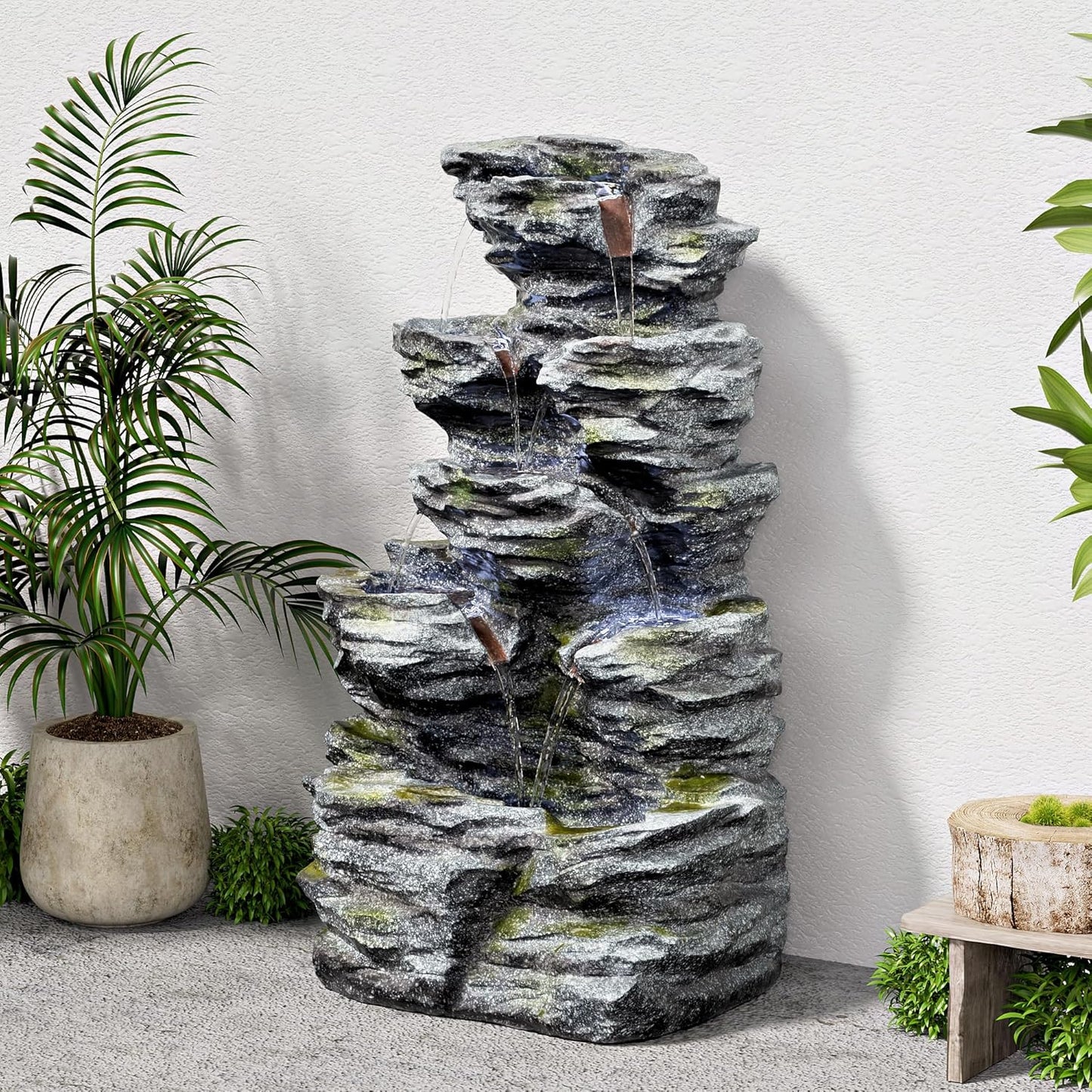 34.3" H Outdoor Water Fountain with LED Lights, 5-Tier Cascading Rock Waterfall for Yard, Garden, Patio, Outdoor Decor Water Features