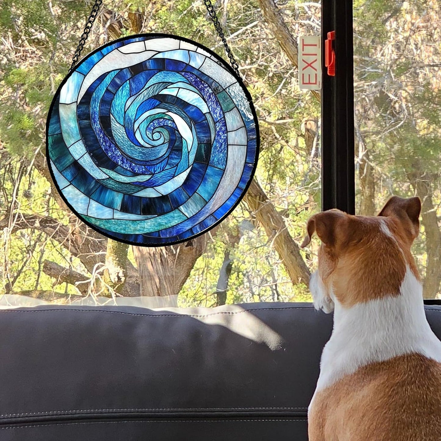Stained Glass Window Hanging - Blue Abstract Swirl Suncatcher for Doors Garden Patio Unique Sun Catchers Decor Christmas Mother's Day Birthday Gifts for Women Men Mom Nana Friend 11.8 in