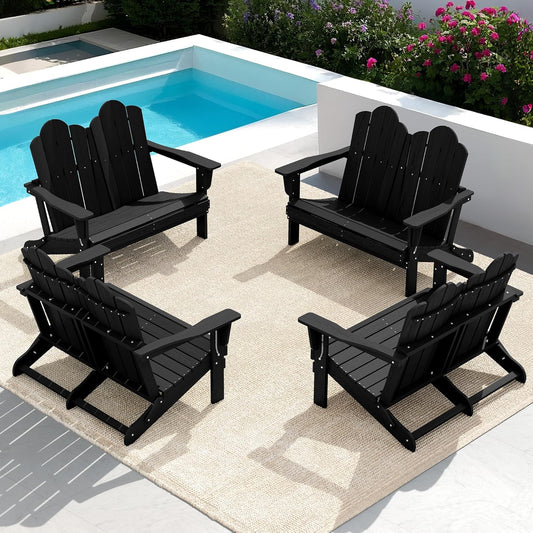 SERWALL 2 Person Adirondack Loveseat, HDPE All-Weather Folding Adirondack Bench Chair, Outdoor Adirondack Chair Set of 4, Black