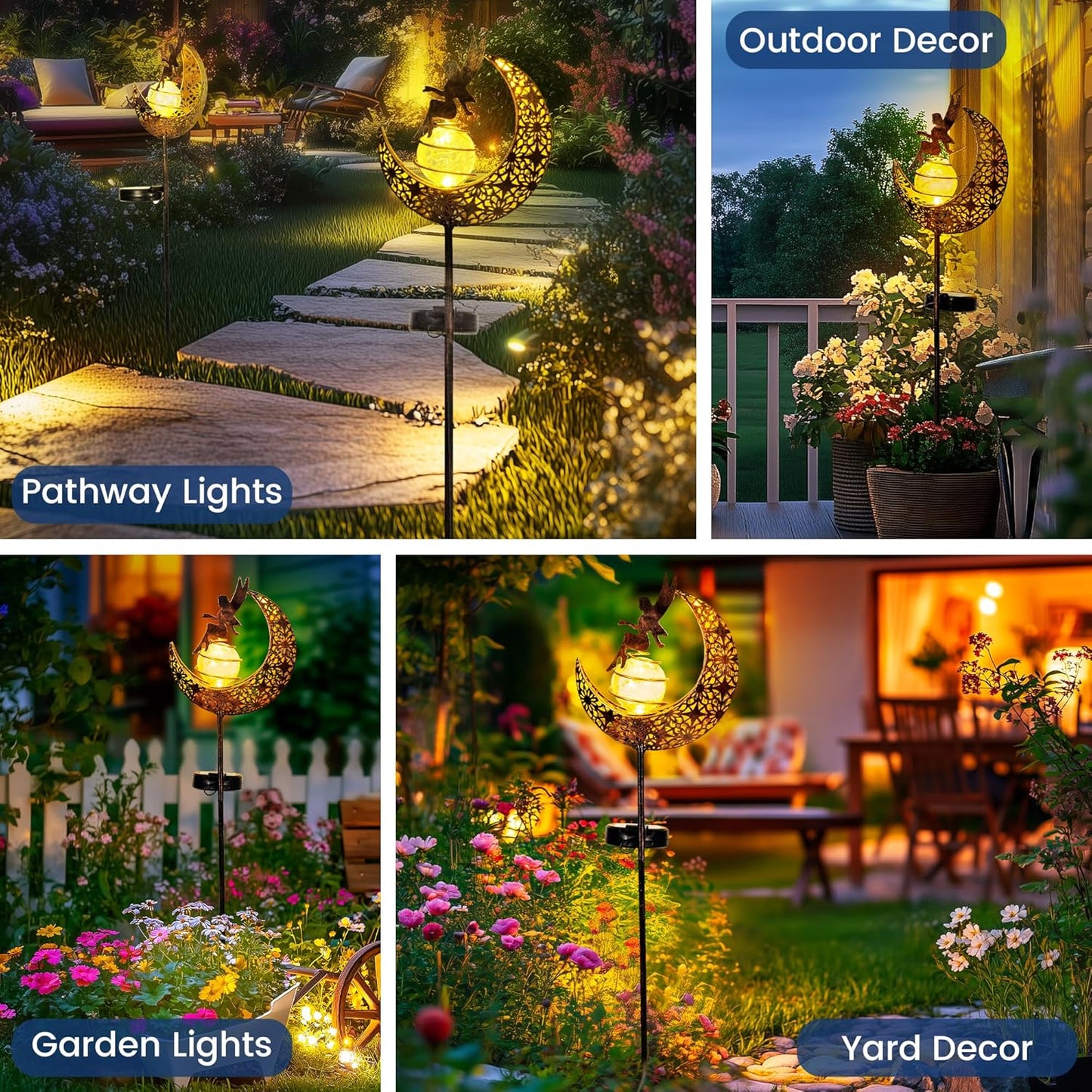 Fairy Garden Solar Lights Outdoor Moon Stakes, Waterproof Outdoor Metal Decor Gifts for Women Mom, Art Moon Sculpture for Yard, Patio, Garden, Porch, 2 Pack