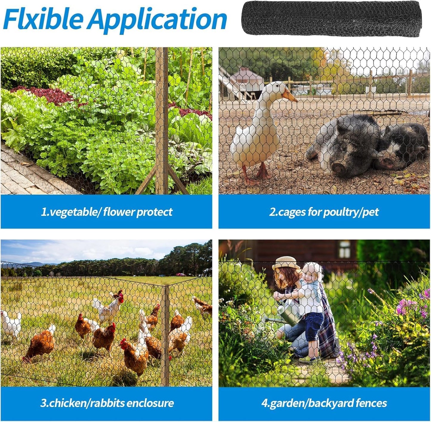 12'' x 50' Black Chicken Wire Fencing, 1 inch Chicken Wire and 20 Gauge Poultry Netting, Garden Mesh Fence Roll for Floral Arrangements/Crafts/Farm/Livestock/Pet Protection