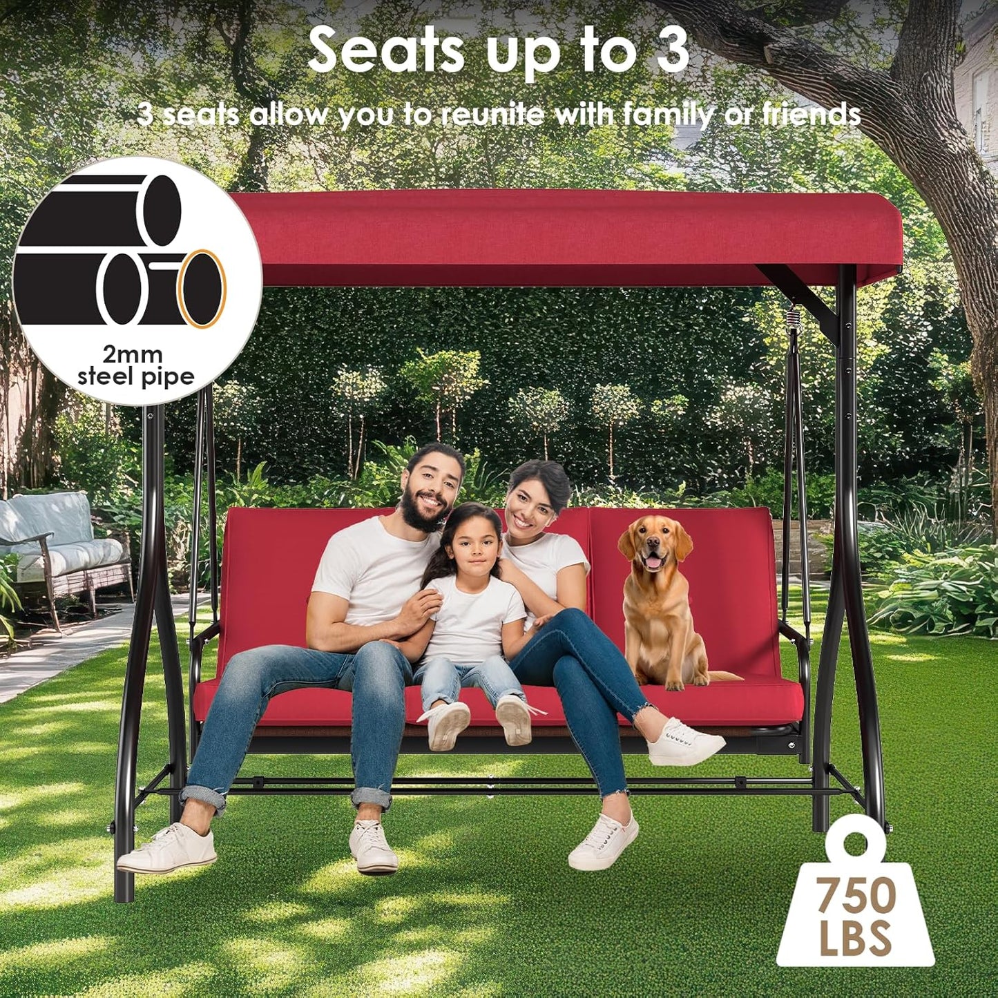 TLSUNNY 3-Seat Outdoor Patio Porch Swing with Adjustable Canopy & Backrest, Convertible Glider Bed with Stand, Removable Seat Cushion, 45° Tilt Adjustment for Backyard, Poolside, Balcony - 750LBS