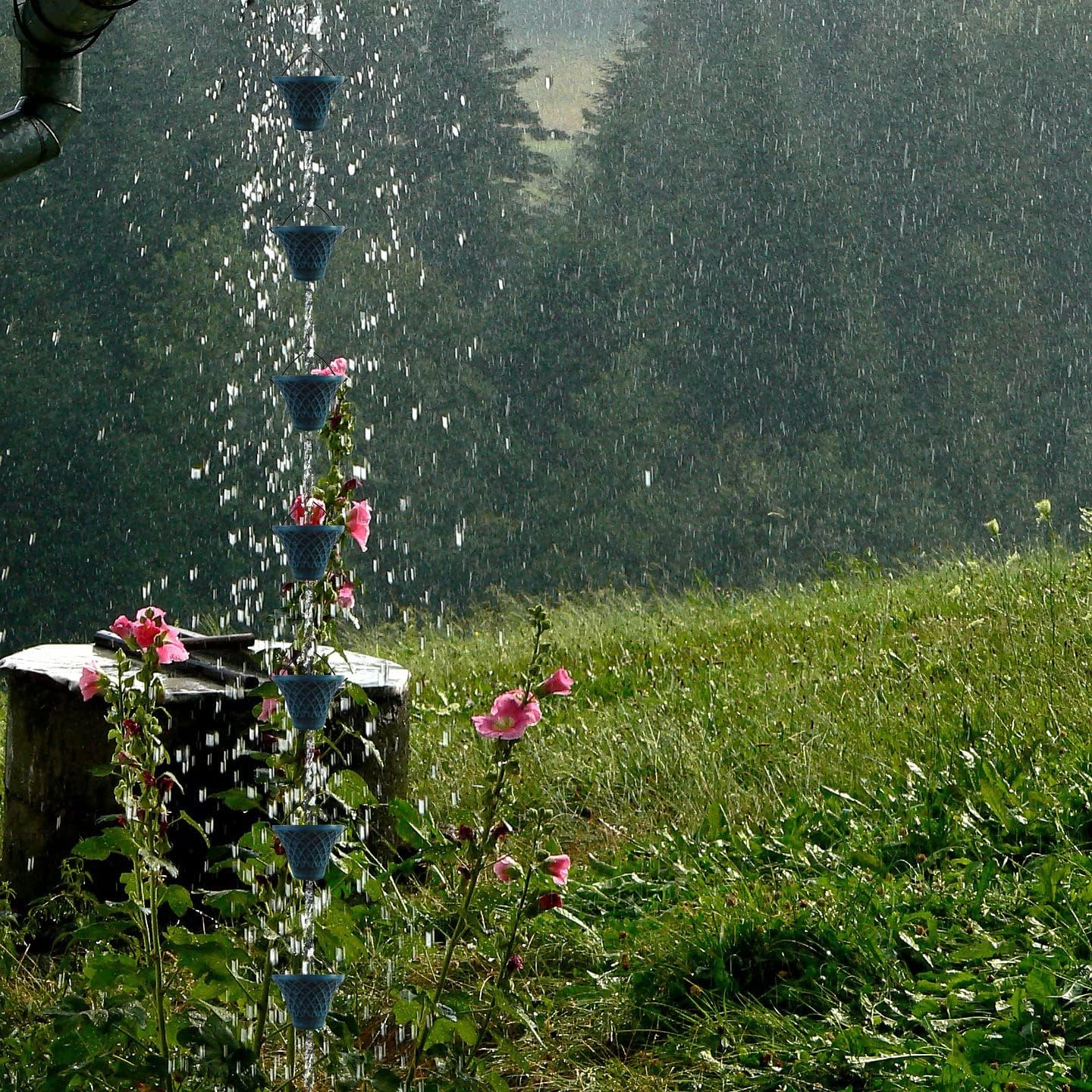 [Upgraded] 8.5FT Antique Sky Blue Colored Iron (Double-Sided) Rain Chains for Gutter and Rain Barrel, Rust-Resistant Plated Garden Décor Rain Chain for Downspout (not Included an Adapter)