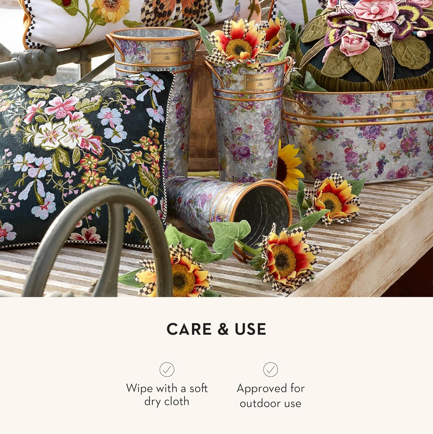 MACKENZIE-CHILDS Galvanized Flower Buckets, Decorative Metal Buckets, Flower Market, Set of 3