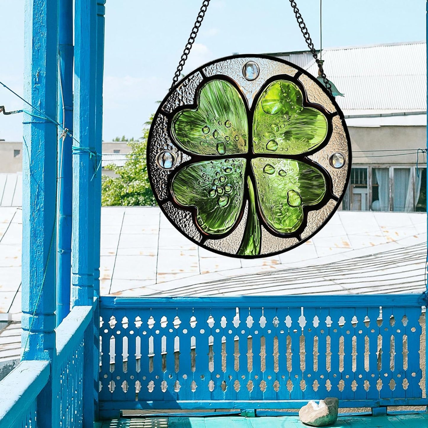 Stained Glass Window Hanging, Green Silver 4 Leaf Clover Sun Catcher for Window Door Home Decor Plant Suncatcher Christmas Mother's Day Birthday Gifts for Women Men Mom Nana 11.8 in