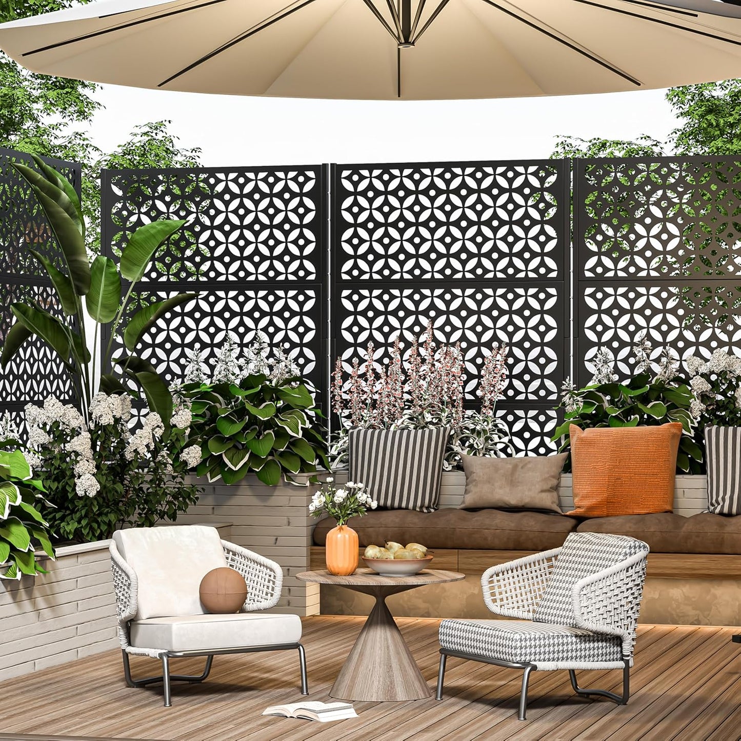 Metal Privacy Screen Outdoor 72" H×47" W,Freestanding Decorative Privacy Screen for Balcony Yard&Garden,Privacy Fence-Black&Louvered