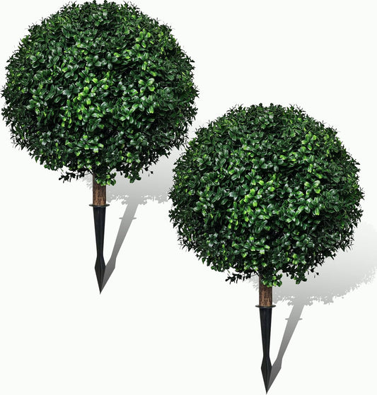 Artificial Boxwood Topiary Ball Tree Outdoor Set of 2,Artificial Boxwood Plants with Ground Spike,Faux Shrubs Fake Evergreen Tree UV Resistant,Diameter 17"