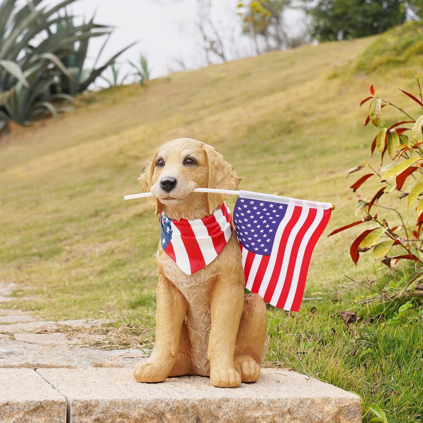Cynkeyee Outdoor Garden Decor Dog Statue - Large Resin Puppy with American Flag Statues Sculpture for Outside Yard Lawn Home Decor Americana Patriotic Decorations 12.5x8.5x13.5 Inch