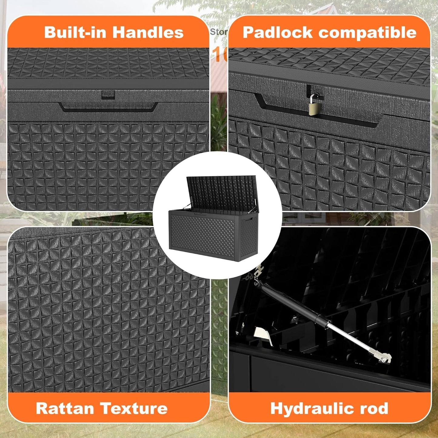 100 Gallon Waterproof Outdoor Storage Box,Resin Deck Box,Lockable Outside Storage Box Container for Patio Furniure,Garden,Pool Tools (100 Gallon,Black pattern)
