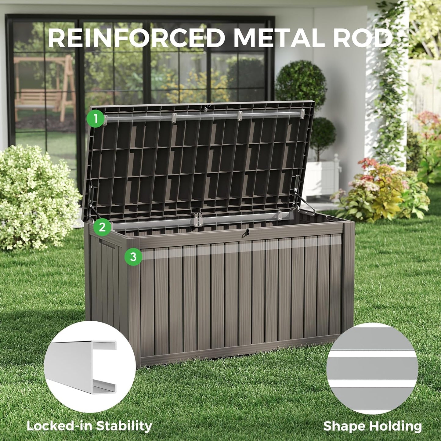 150 Gallon Resin Deck Box, Large Indoor and Outdoor Storage Box, Weatherproof and UV Resistant Outdoor Storage Box with Built-in Steel Beams for Patio, Cushions, Pool Supplies