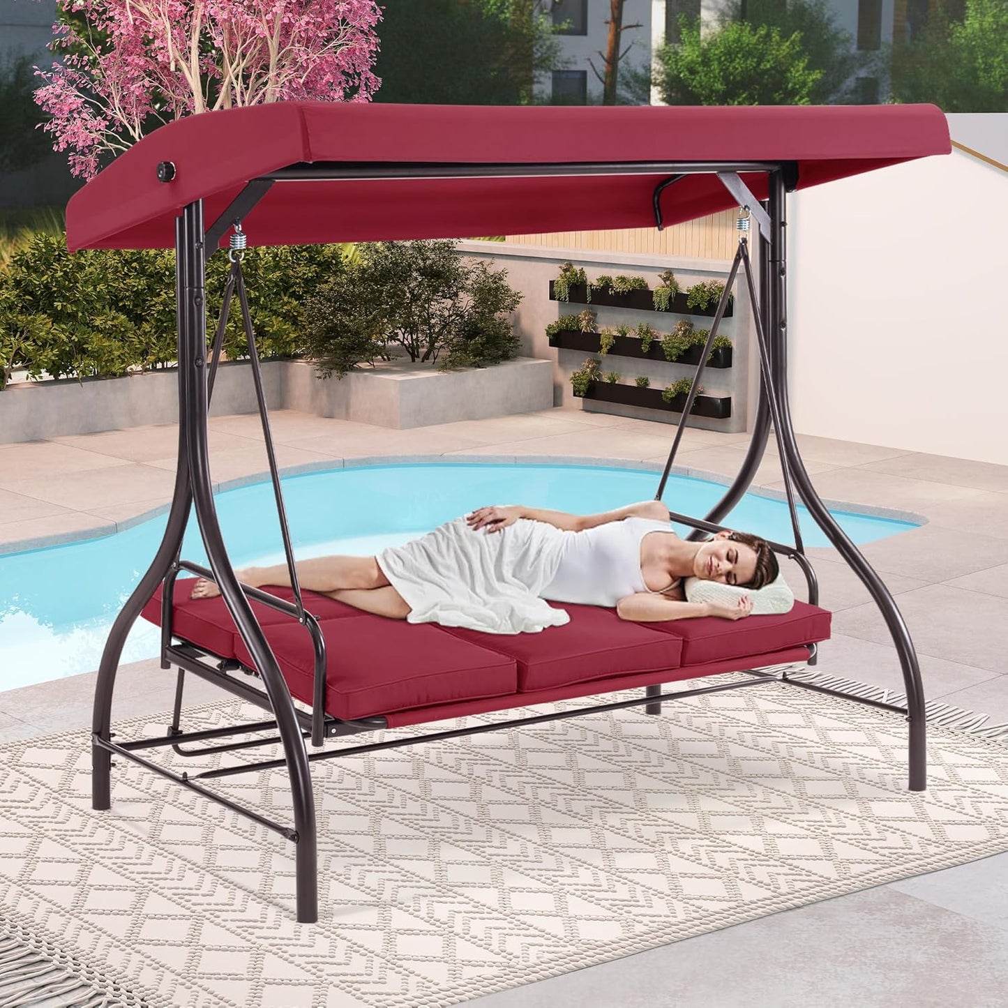 MCombo 3-Seat Outdoor Patio Swing Chair, 2-in-1 Convertible Porch Swing Glider Chair with Removable Cushions, Adjustable Canopy & Pillows for Backyard, Deck, Garden, 4068 (Burgundy)