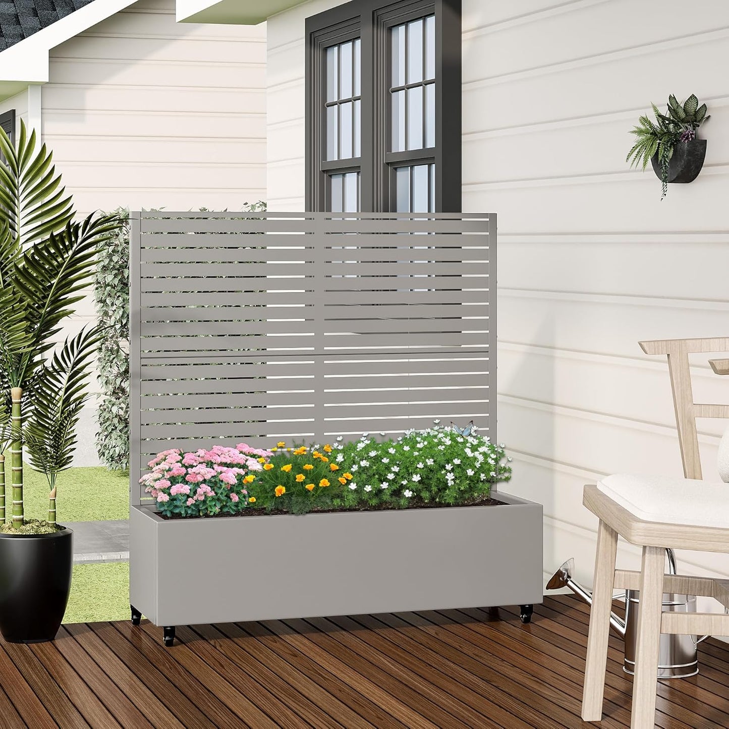 Casaphoria Metal Raised Garden Bed with Trellis and Wheels, 47"x47"x16" Planter Box for Climbing Plants, Vegetables & Vines, Features Drainage Holes and Privacy Screen (Grey-Louvered)
