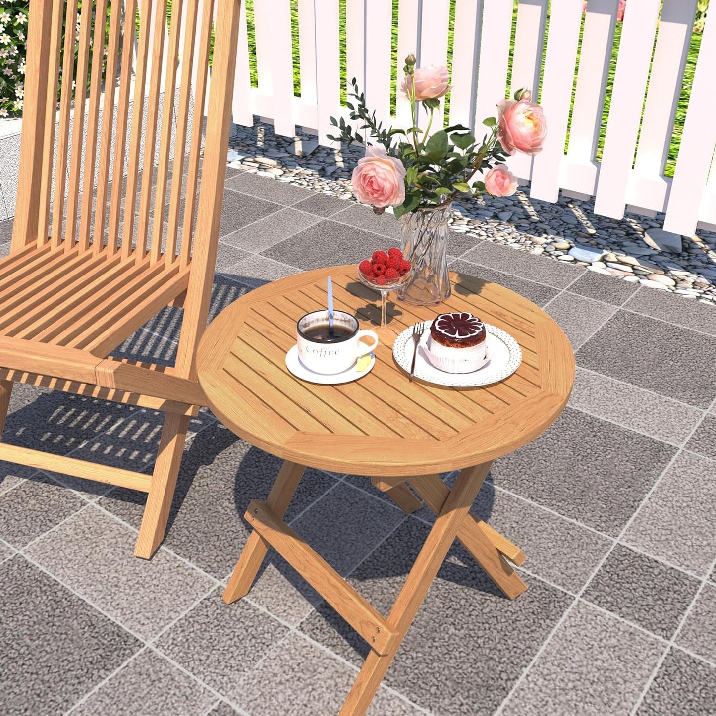 Teak Wood Outdoor Folding Side Table - Portable Round Patio Side Table with Metal Buckles & X-Frame,Patio End Table for Garden, Deck, Bistro, Beach,Porch