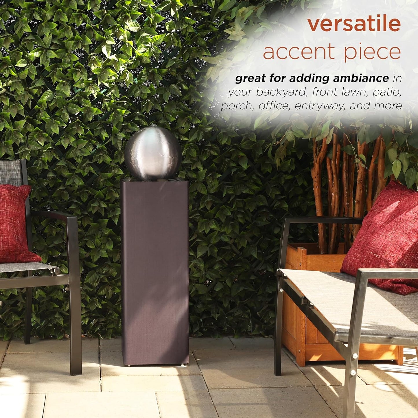 Alpine Corporation CPS188 Indoor Outdoor Modern Metal Orb Water Floor Fountain with River Rock Stone for Patio, Garden and Living Room, 37" H, Brown