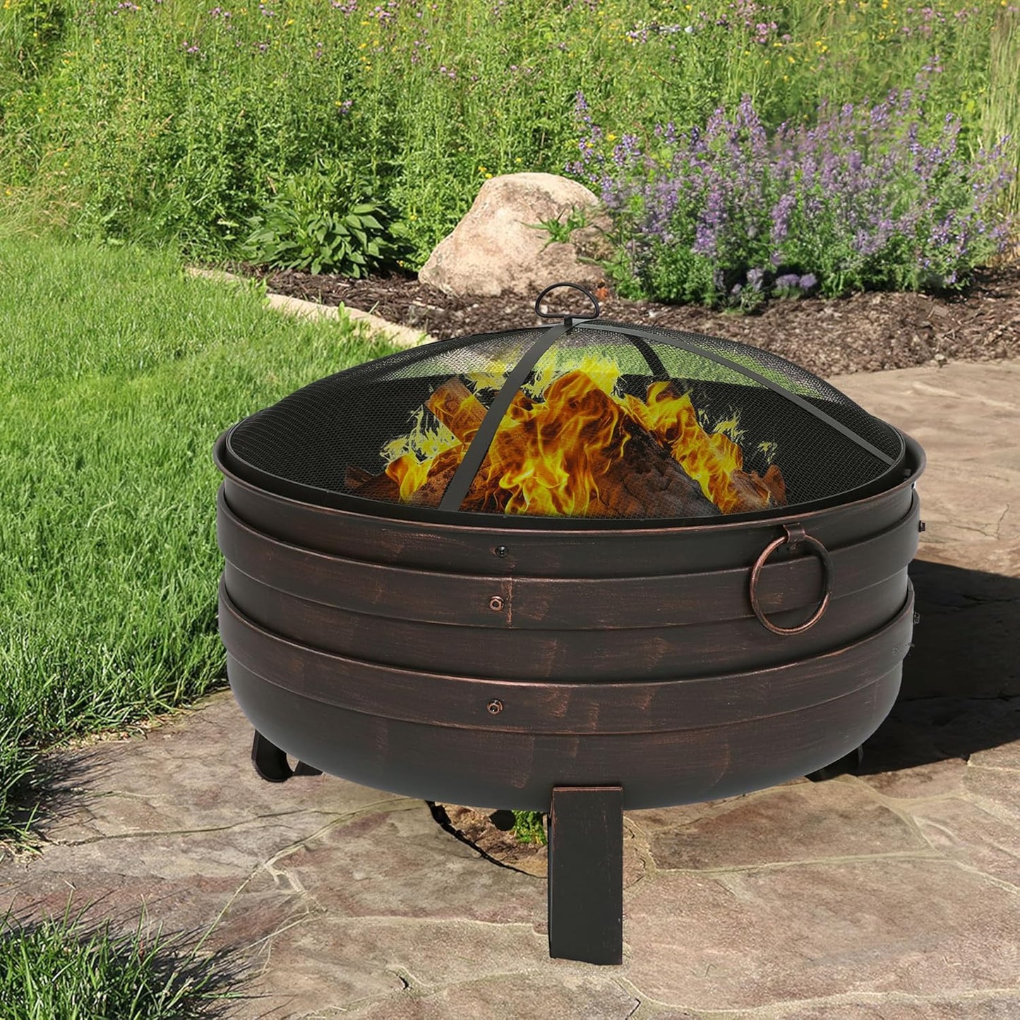 Sunnydaze 24-Inch Heavy-Duty Steel Cauldron Fire Pit - Includes Spark Screen and Protective Cover - Brushed Bronze