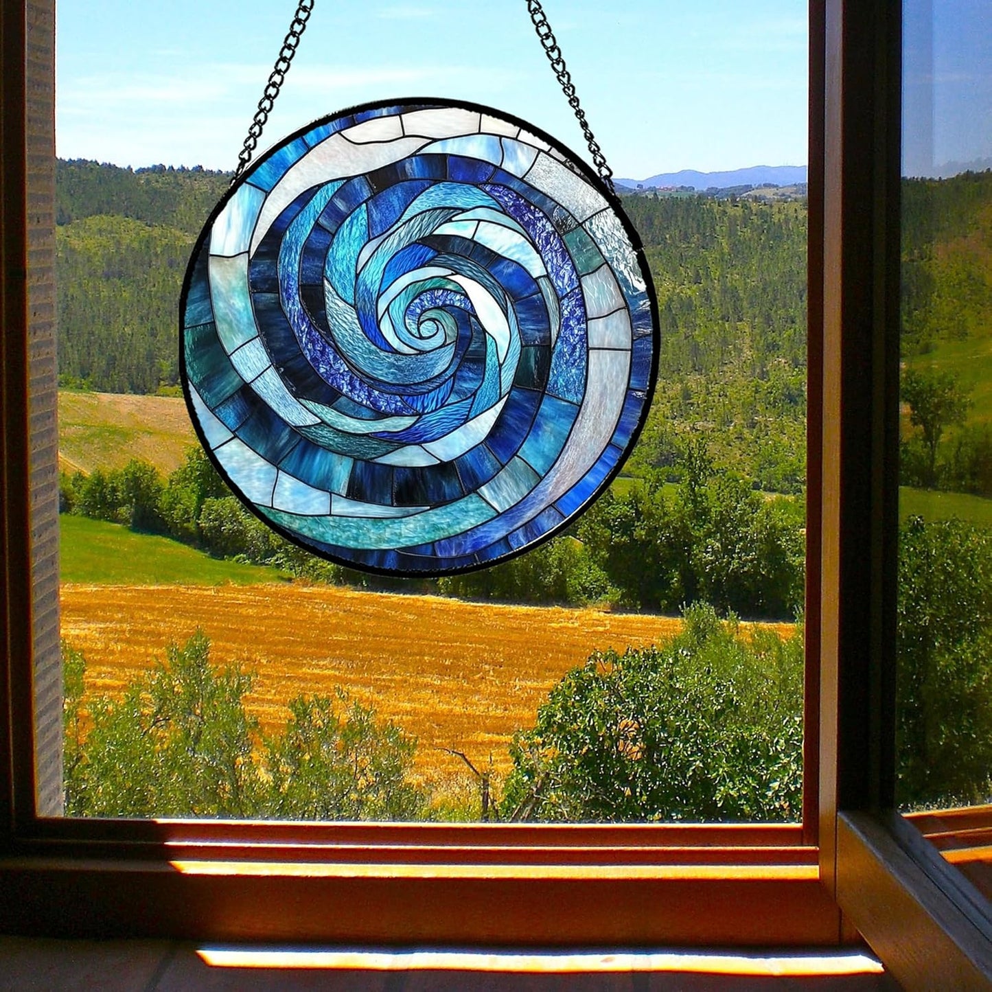 Stained Glass Window Hanging - Blue Abstract Swirl Suncatcher for Doors Garden Patio Unique Sun Catchers Decor Christmas Mother's Day Birthday Gifts for Women Men Mom Nana Friend 7.8 in