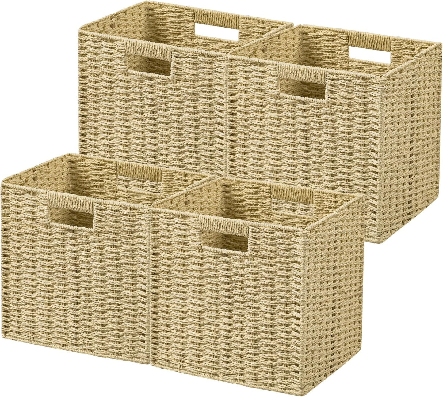 UBBCARE 4 Pack Wicker Basket, 11L×11H×10.5W inch Woven Paper Rope Storage Baskets for shelves, Foldable Cube Storage bin with Handle, Storage Basket for Organizing & Decor, Natural