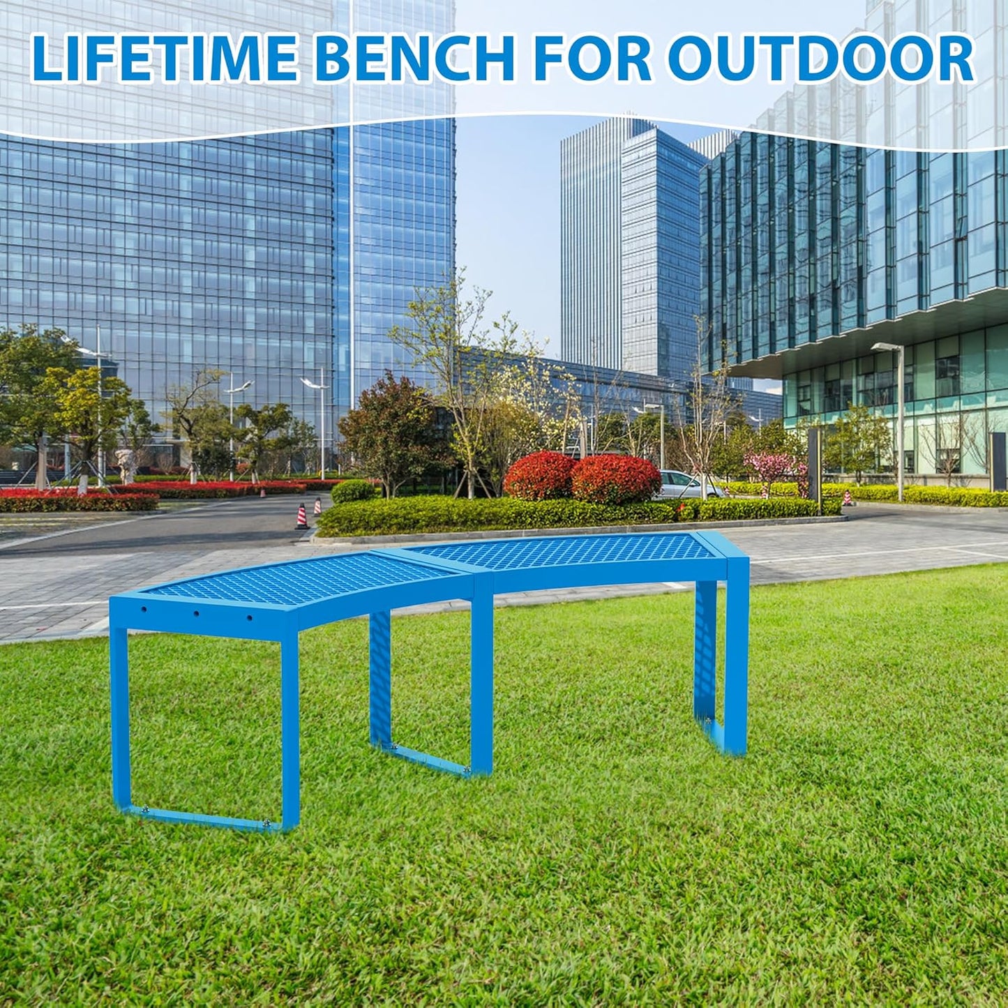 Outdoor Curved Bench, Heavy Duty Metal Park Bench for Outside, Backless Loveseat, Thermoplastic-Coated, Weatherproof Commercial-Grade 2-Person Seating for Park, Patio, Garden, Deck, Beach，Blue