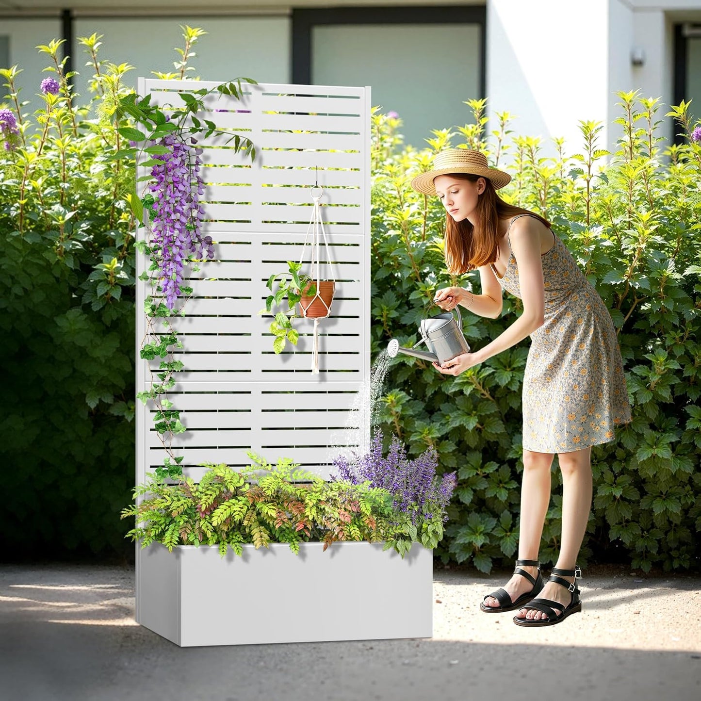 Metal Planter Box with Trellis, Heavy-Duty Raised Garden Bed for Climbing Plants, Drainage Hole, Outdoor Planter Box with Privacy Screen，35''L×16''W×71''H