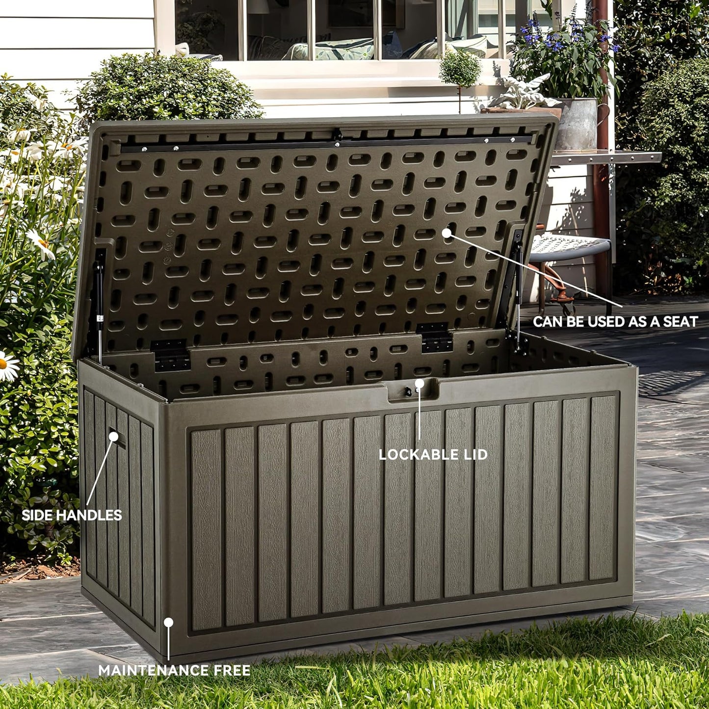 YITAHOME 90 Gallon Double-Wall Deck Box with Side Handles, Outdoor Large Storage for Patio Furniture Cushions, Garden Pool Accessories, Water Resistant & Lockable