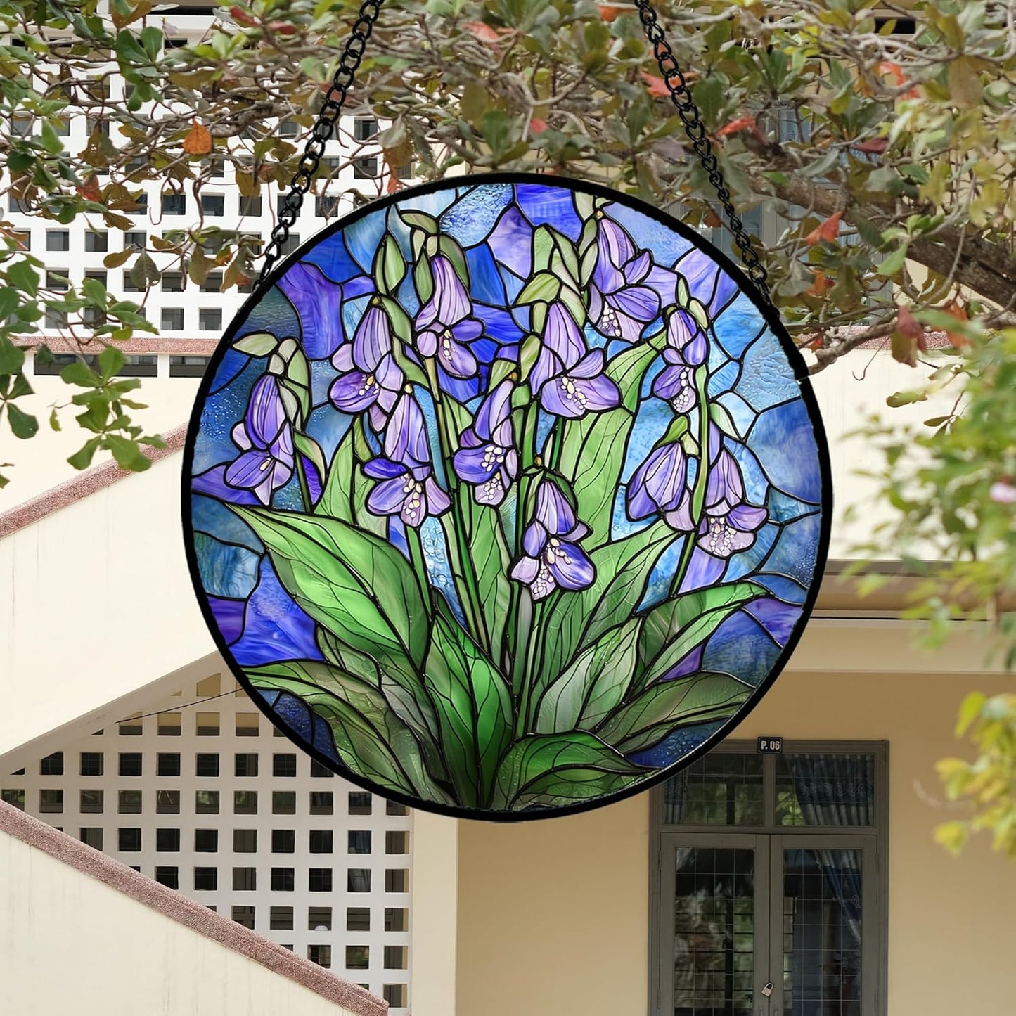 Stained Glass Suncatcher, Blue Purple Flowers Green Leaves Sun Catcher Plants Stain Glass Window Hanging Decoration Mother's Day Birthday Gifts for Women Men Mom and Nana 9.8 in