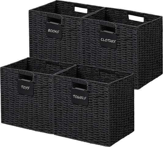 UBBCARE 4 Pack Wicker Basket, 13×13 Storage Cubes with Label, Foldable Cube Storage Bin with Handle, Square Storage Basket for Shelves, Woven Paper Rope Basket for Organizing, Black