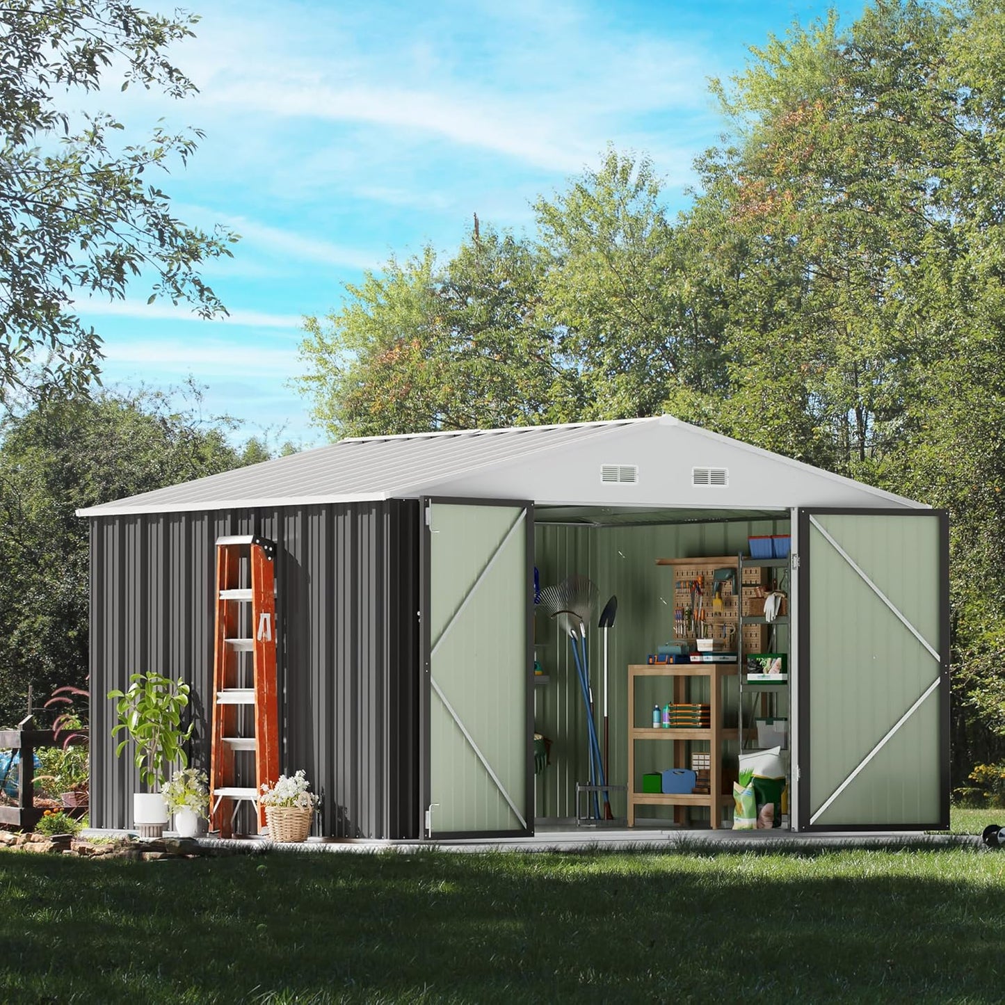Devoko 8 x 10 FT Outdoor Storage Shed, Metal Garden Sheds & Outdoor Storage Clearance, Large Tool Shed Outdoor with Single Lockable Door for Patio Lawn Backyard (Gray)