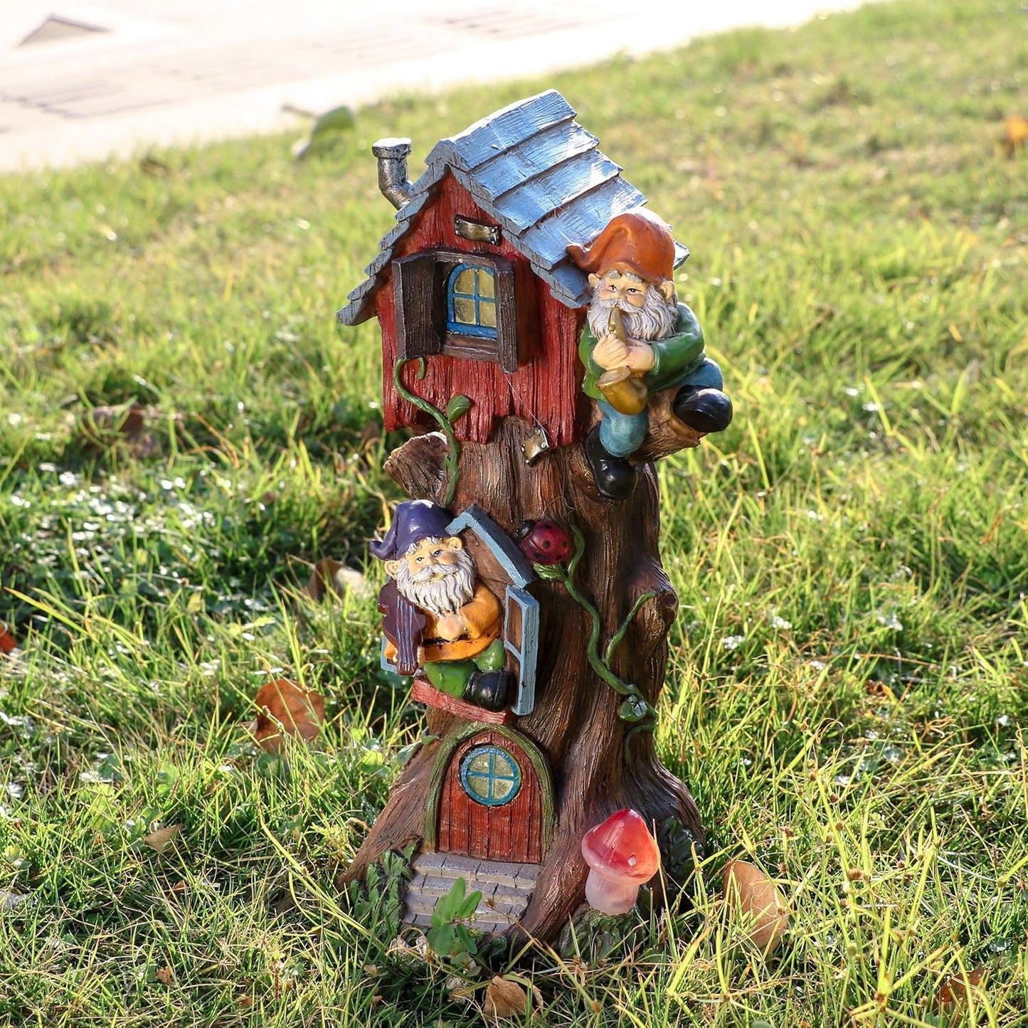 TERESA'S COLLECTIONS 11" Tall Large Garden Statues Gnome Treehouse with Solar Outdoor Light, Garden Sculptures Statues Figurines Resin Garden Decor Lawn Ornaments Patio Yard Decor Gifts for Mom