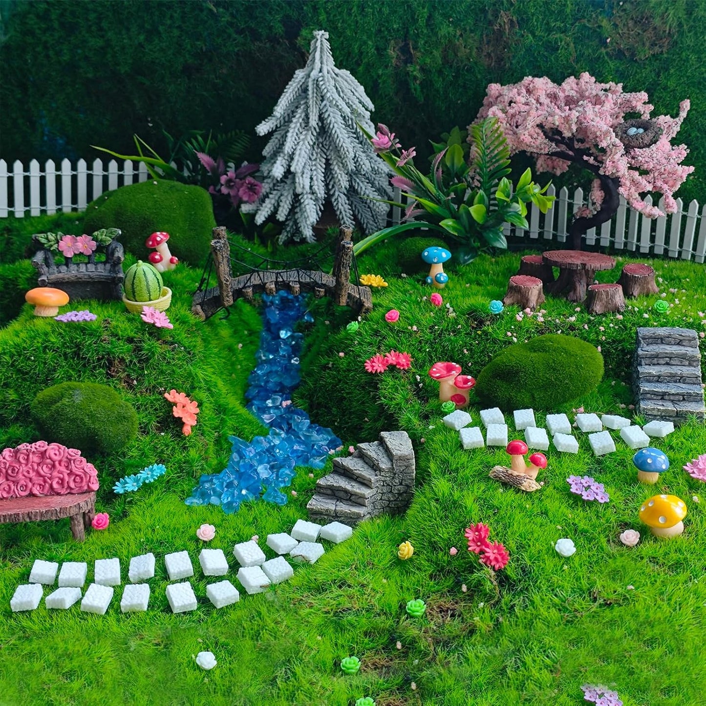 Kai Dream Fairy Garden Accessories, Fairy Garden Kit, 118 Pieces of Miniature Decor: Mushrooms, Bridge, Steps, Moss, Furniture Figurines, Fake Fence, Flowers, and Blue Crystal Gravel