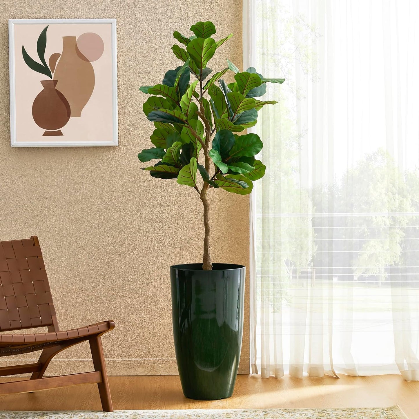 Glitzhome 23.5" H Large Tall Planter for Outdoor Plants,Set of 2 Plastic Tall Planters with Drainage Holes,Round Tapered Faux Ceramic Gradient Green Flower Tree Pots for Porch Patio Indoor Outdoor