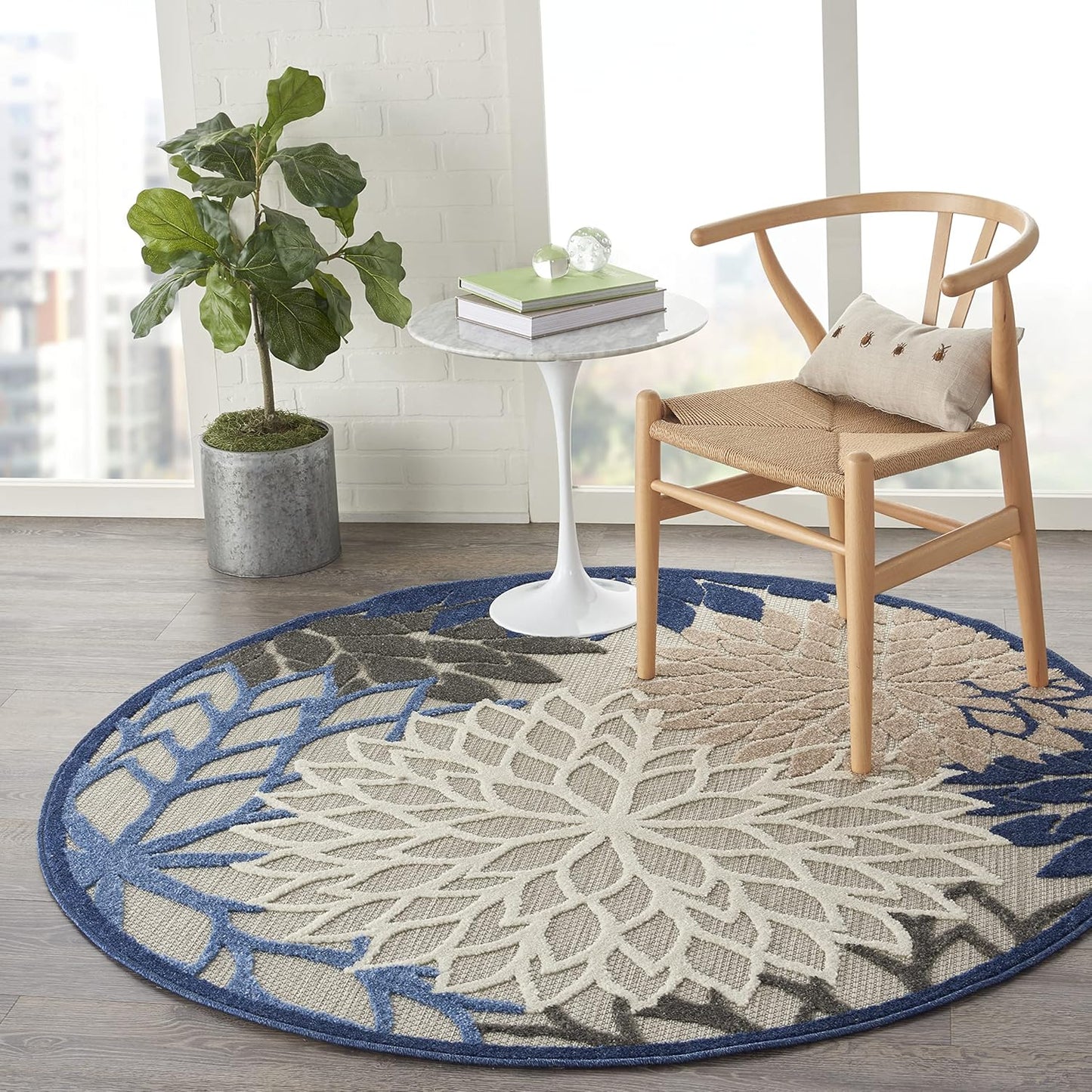 Nourison Aloha Indoor/Outdoor Blue/Multicolor 5'3" x Round Area Rug, Tropical, Botanical, Easy Cleaning, Non Shedding, Bed Room, Living Room, Dining Room, Deck, Backyard, Patio (5 Round)