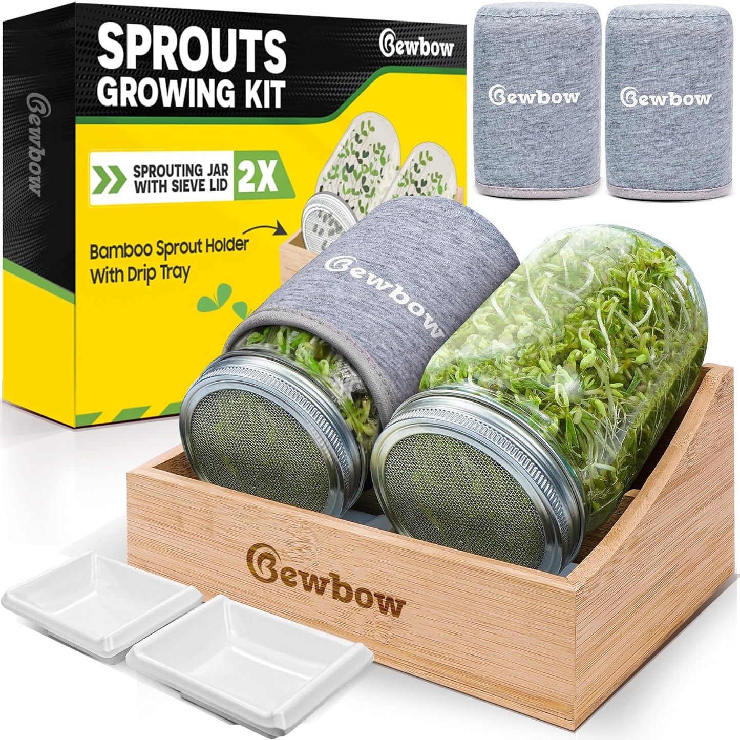 [Premium] Seed Sprouting Jar Kit with Bamboo Holder, 2 PCS Mason Jars, Drain Tray, Screen Lids, Blackout Sleeves, Good Ventilation & Drainage Capacity, Growing Fresh Organic Mung Beans & Microgreens