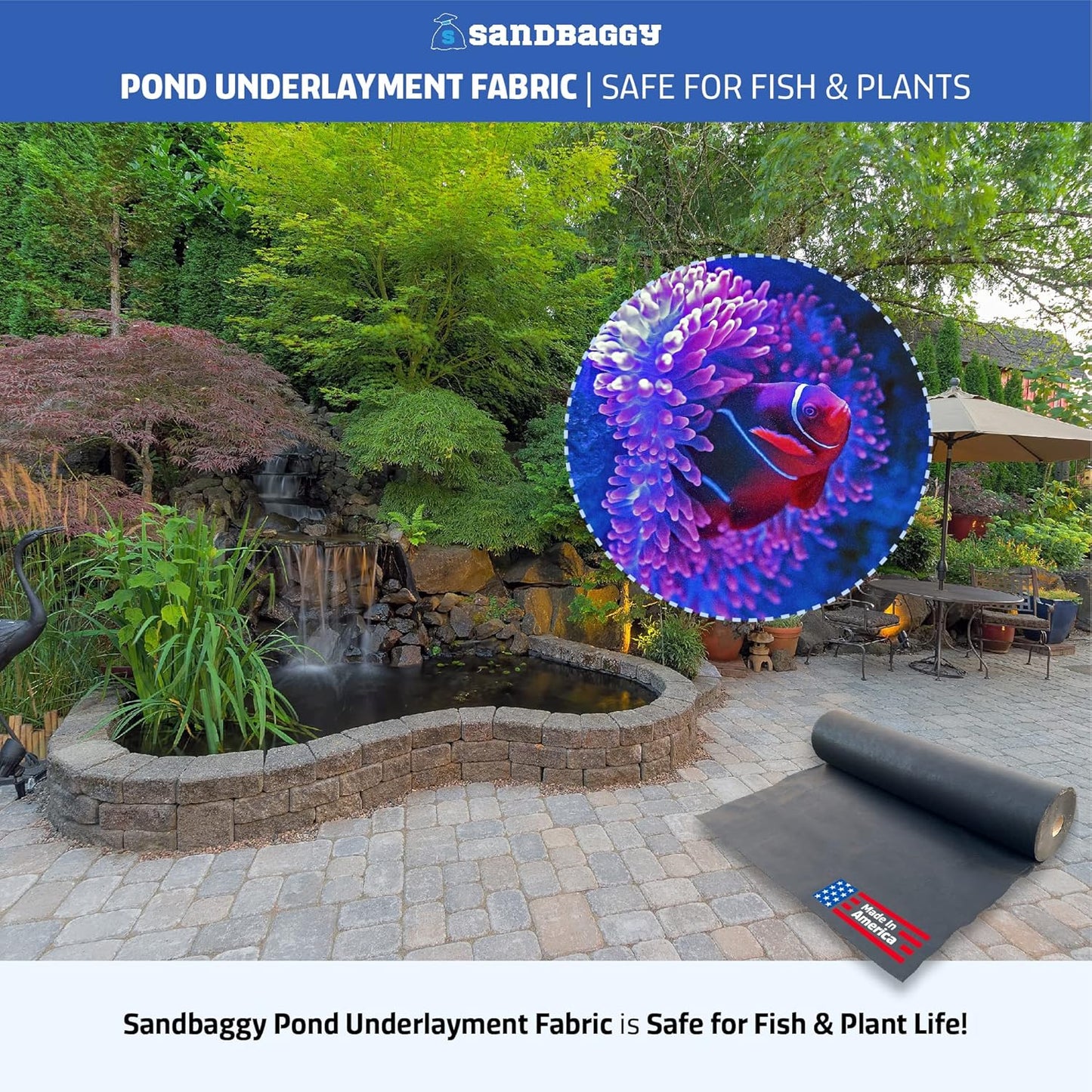 Sandbaggy Geotextile Pond Underlayment Padding | Made in USA | 50 YEAR Life* | Non Woven Fabric Protects Pond Liner From Damage | Made of Industrial Grade DOT Approved Fabric (10 ft x 15 ft or 150 sq ft)