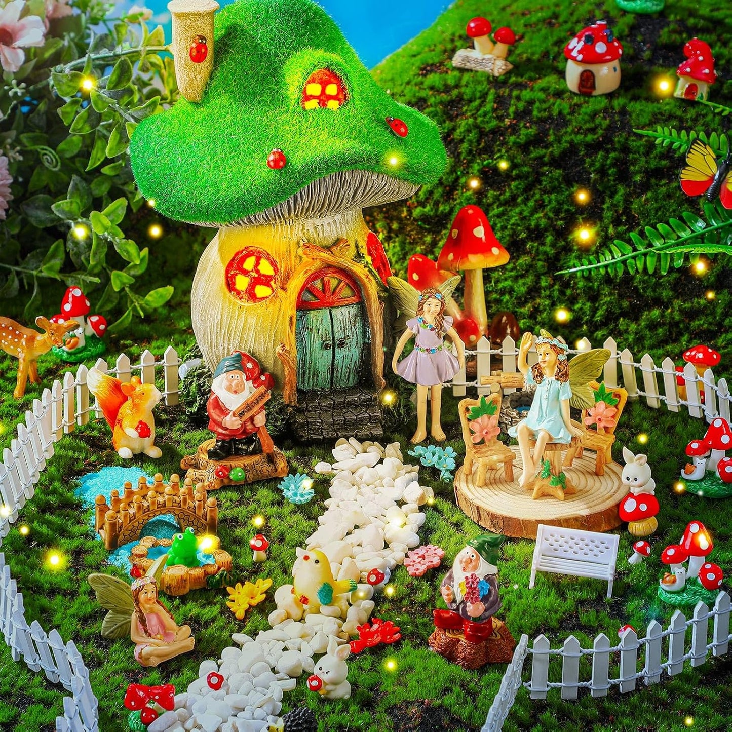Suzile 50 Pcs Solar Fairy House Garden Accessories Light up Flocked Fairy House Garden Kit Green Resin Miniature Mushroom Figures Micro Landscape Ornament(Mushroom House)