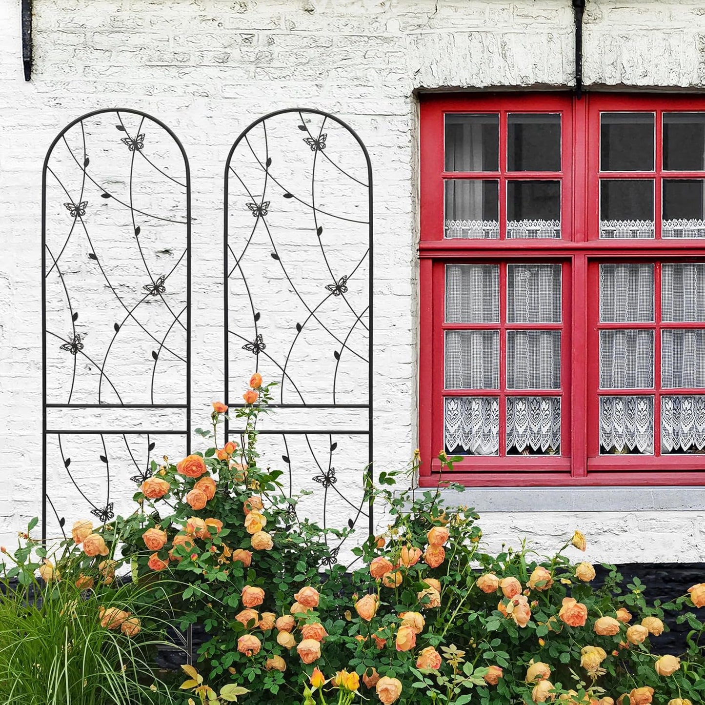 2 Pack Metal Garden Trellis for Climbing Plants, 86.7" Tall Rustproof Outdoor Trellis Panel with Butterfly Design, Decorative Black Iron Plant Support for Vine, Rose, Flower, Garden Wall