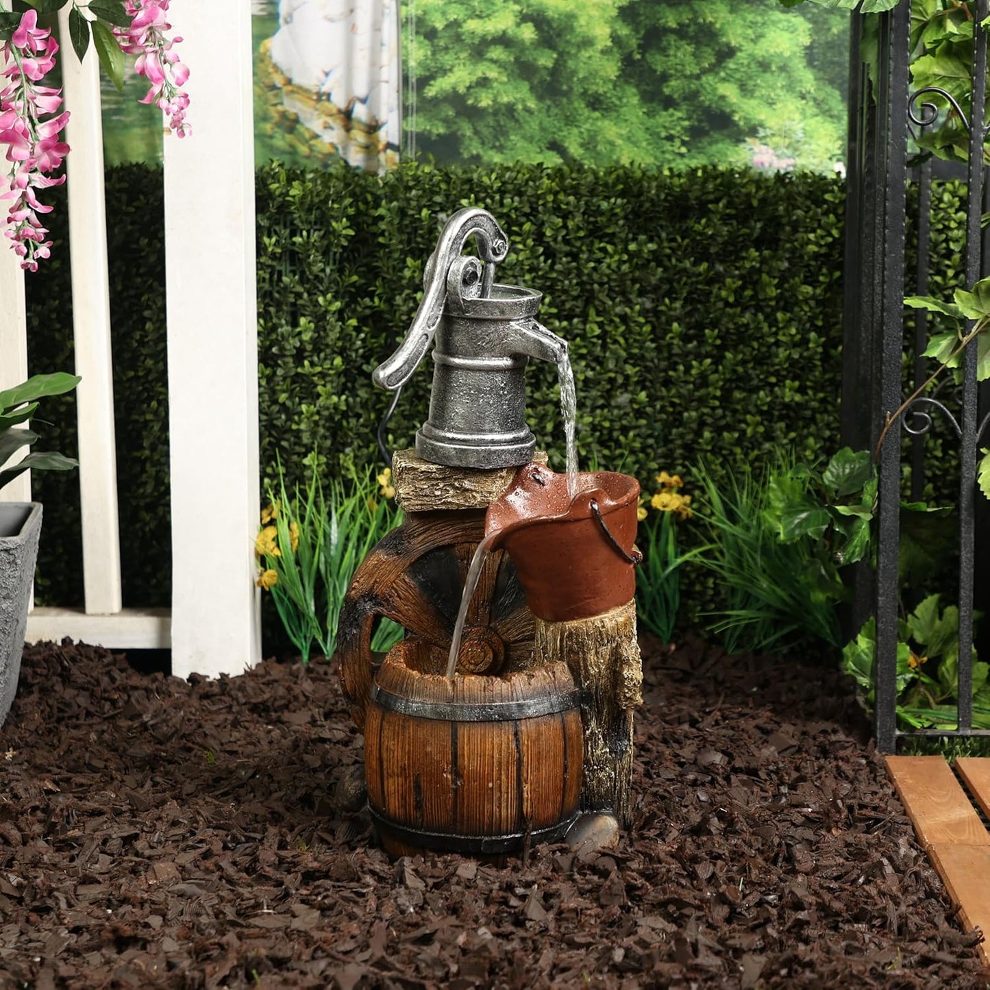 Alpine Corporation WCT688 Outdoor Floor Tiered Rustic Barrel and Pump Water Fountain, Old-Fashioned Waterfall , 24", Brown