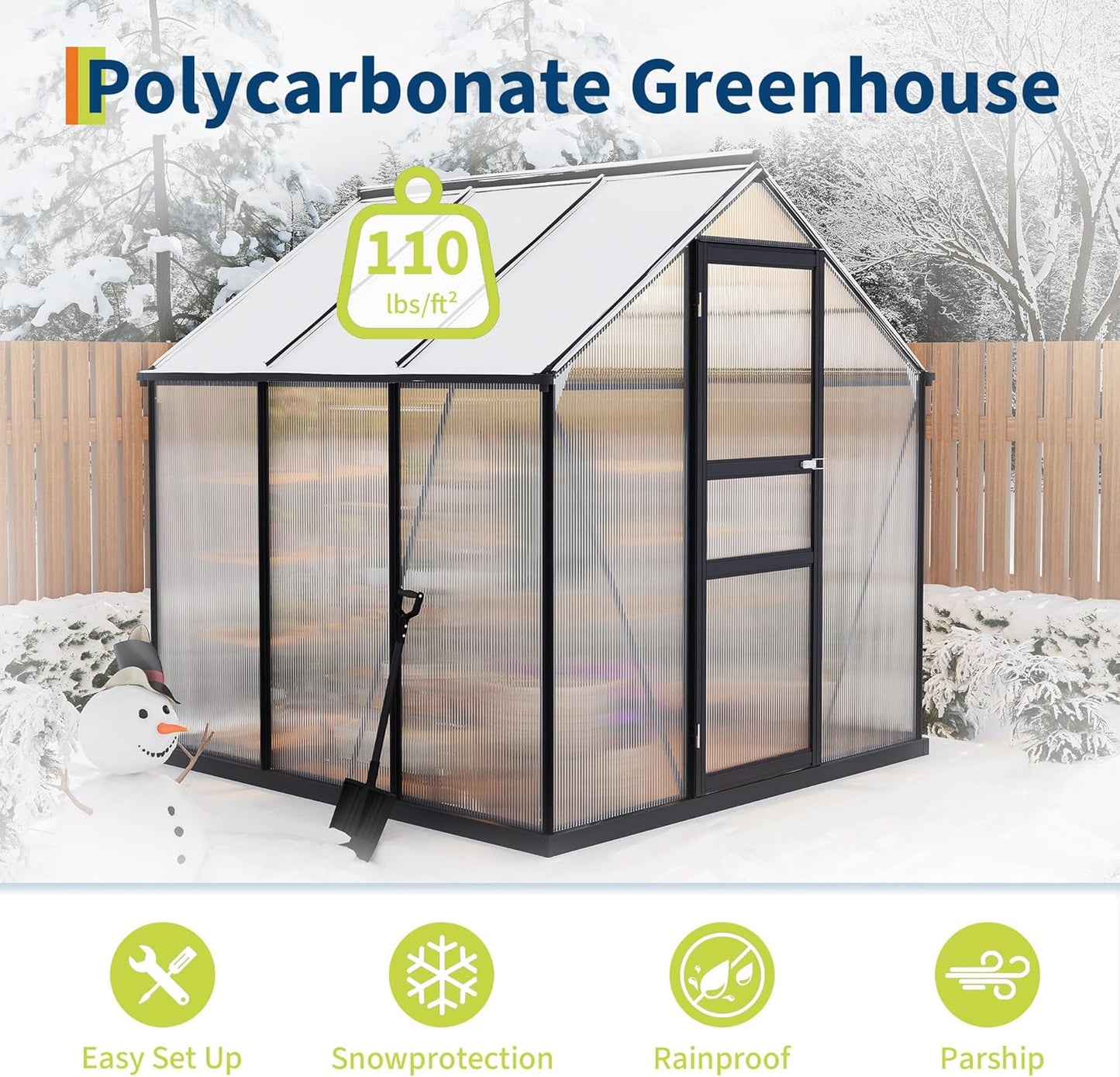 6×6FT Polycarbonate Greenhouse for Outdoors, Large Walk in Green House Kit and Winter Garden Planting, Enhanced Aluminum Green Houses for Outside to Protect Vegetables or Plants
