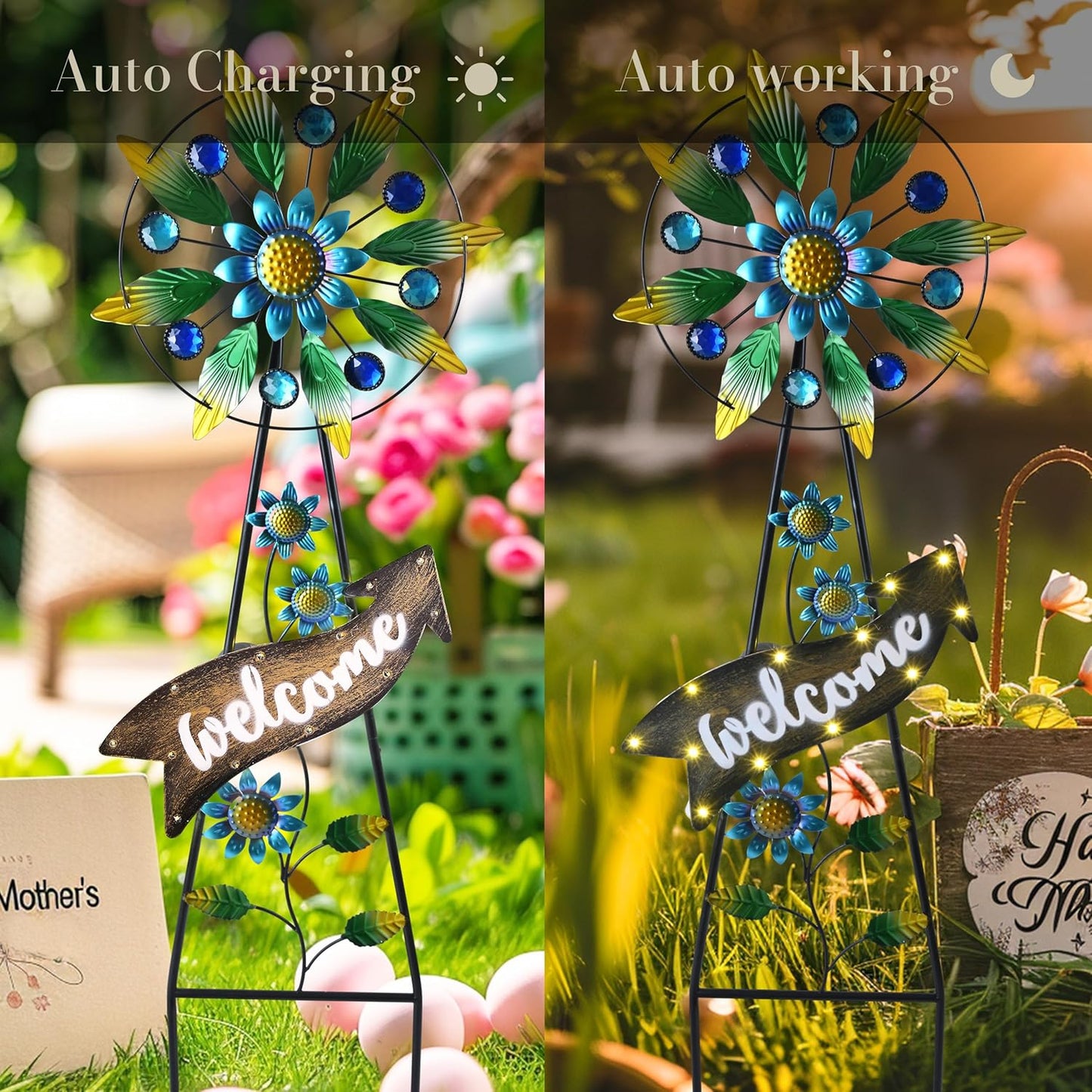 TERESA'S COLLECTIONS Hummingbird Garden Solar Stake, Wind Spinner Yard Art Sign for Outdoor Decor, Metal Purple Floral Windmill Decorative Garden Stake for Lawn Ornaments, Gifts for Mom, 26''