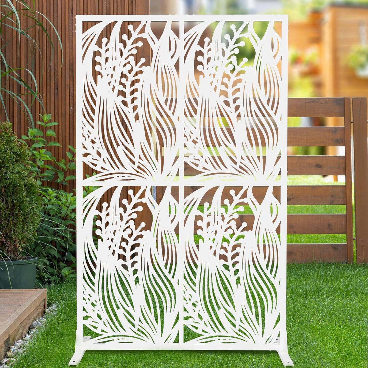Metal Privacy Screen W3.8Ft x H 6Ft Outdoor Patio Privacy Panels Free Standing Divider Decorative for Balcony Garden Room Lawn Deck (1, White Leaf)