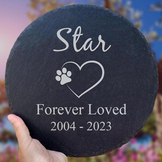 Personalized Pet Memorial Stone for Dogs and Cats | Custom Laser-Etched Weatherproof Garden Grave Marker | Natural Stone Bereavement Headstone Sympathy Gift | 4, 6, 10, or 12 Inch Heart or Circle Shape (A4)